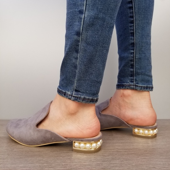 Suede Slip On Loafer Mule Pearl Accents on Heel-G - Picture 7 of 7